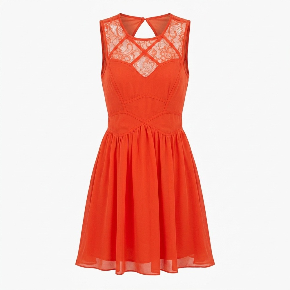 BCBGeneration Orange‎ Red Lace Yoke Fit & Flare Chiffon Dress Size 0